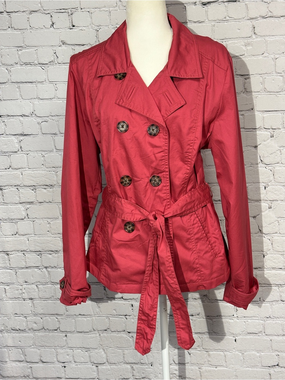 Merona Red Double-Breasted Trench Coat with Tie Waist